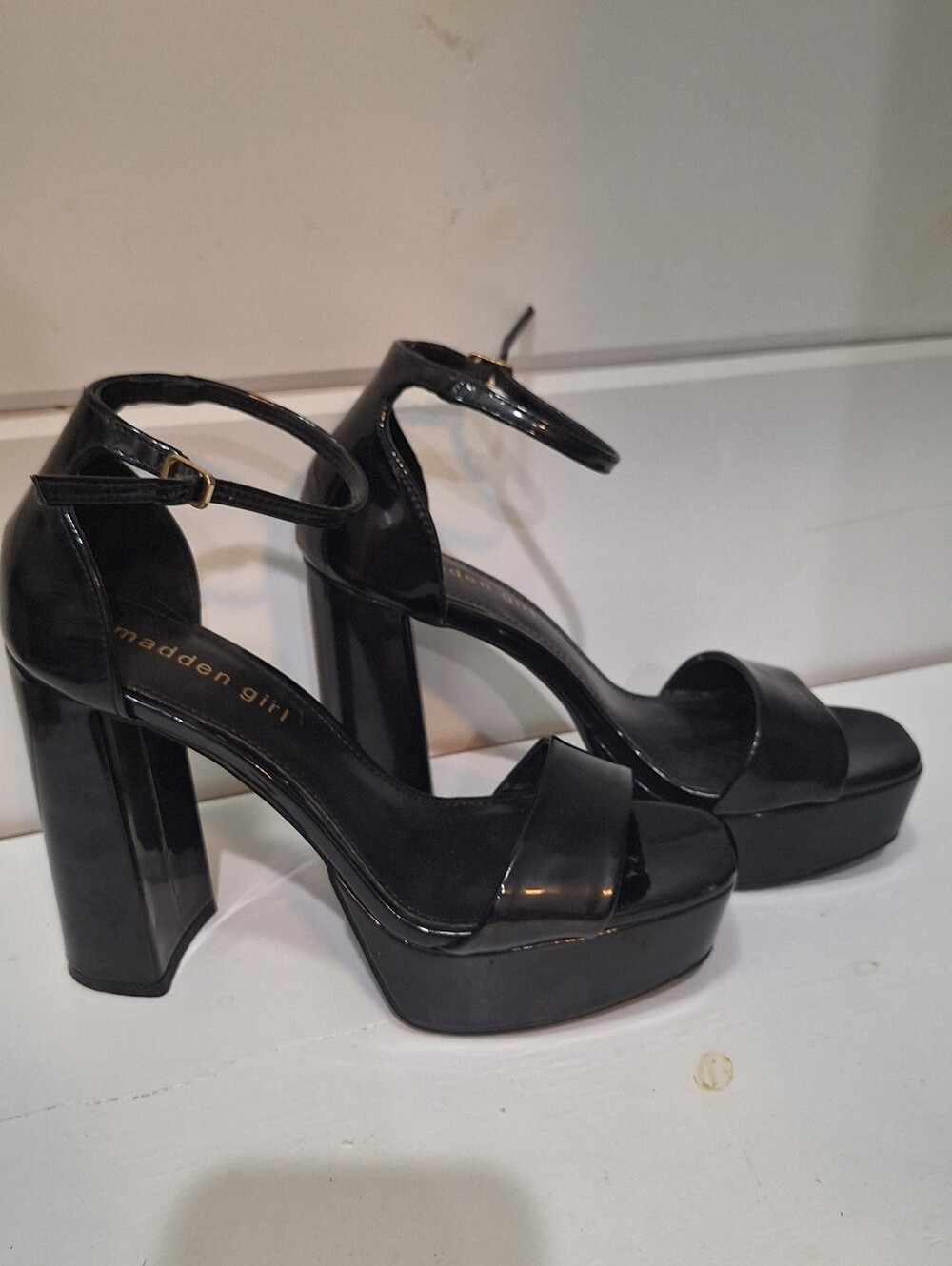 Madden Girl Black Patent Platform Ankle-Strap Block Heels